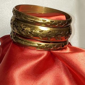 3 patina gold toned bangle bracelets